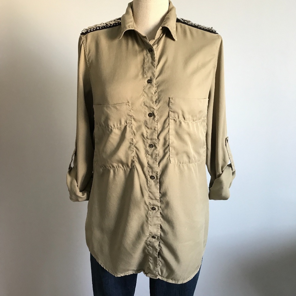 Zara - Tan Military Long Sleeve Button Up Shirt - Picture 6 of 15